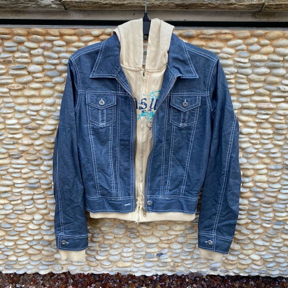 San Joy Blue Zip-Up 100% Cotton Lined Hooded Denim Jacket Small EUC